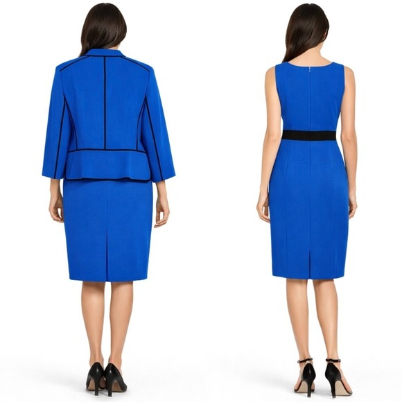 NWT Kasper Lapis Blue Jacket Dress Suit 12 14 Contrast Trim Powersuit 2 Pc Set - Picture 2 of 16